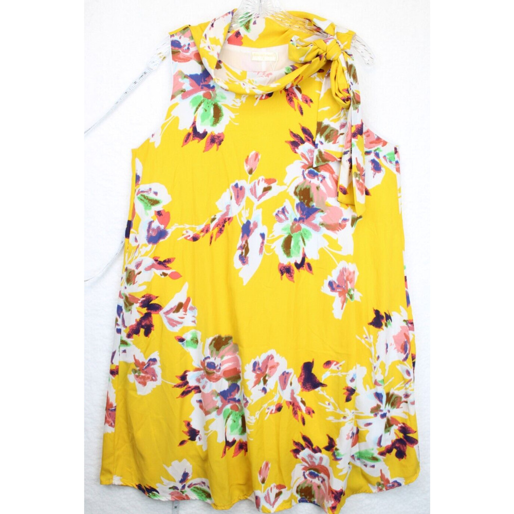 Seven Island Short Dress Tie Neck Sleeveless Floral Women L Yellow Summer Flowy